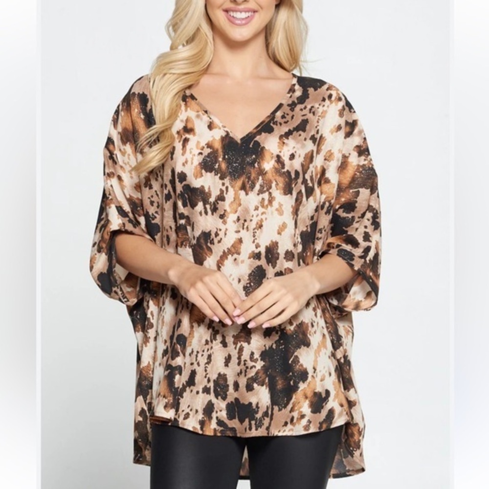 Adrienne Brown and Black Cowhide Print V-Neck Over-Size Tunic Blouse